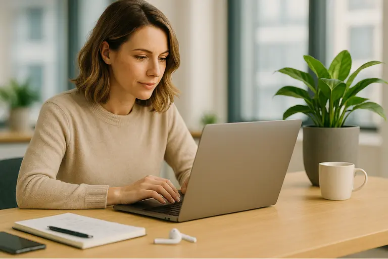 Een professionele zzp’er werkt aan een laptop in een lichte, rustige werkomgeving. Op het bureau liggen notities, creatieve tools en een koffiekopje. De sfeer straalt onafhankelijkheid, focus en ondernemerschap uit — met heldere kleuren en een warme, moderne uitstraling.