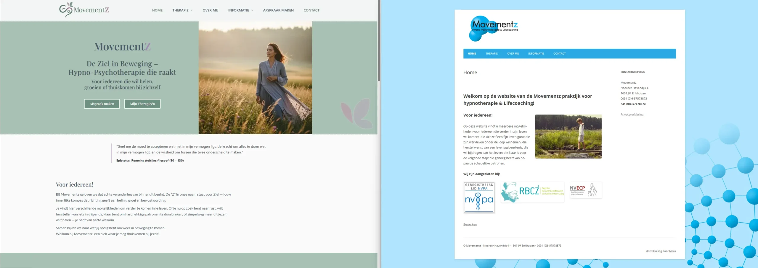 Links de nieuwe website van movementz en rechts de oude website