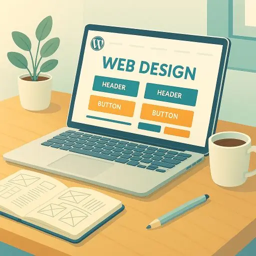 Vierkante illustratie van een moderne werkplek met laptop, wireframe-notitieboek, potlood en koffiemok. Op het laptopscherm staan WordPress-elementen in blauwgroen en oranje. De compositie is overzichtelijk en professioneel, met zachte belichting en natuurlijke accenten.