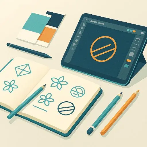 Illustratie van een creatieve bureauscène met open schetsboek vol logo-ontwerpen, kleurstalen in blauwgroen (#319795), donkerblauw (#153243) en oranje (#F86624), en een tablet met een designprogramma waarop een logo in ontwikkeling is. De stijl is illustratief en harmonieus, met zachte schaduwen en een witte achtergrond.